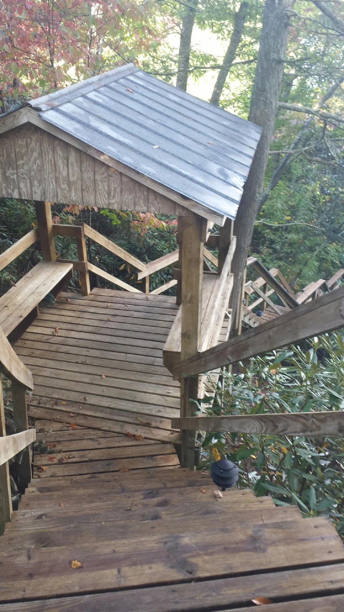 Metal roofed shelter over wooden steps on a wooded walkway — Skylight Repair & Installation work by our crew in Ellerbe